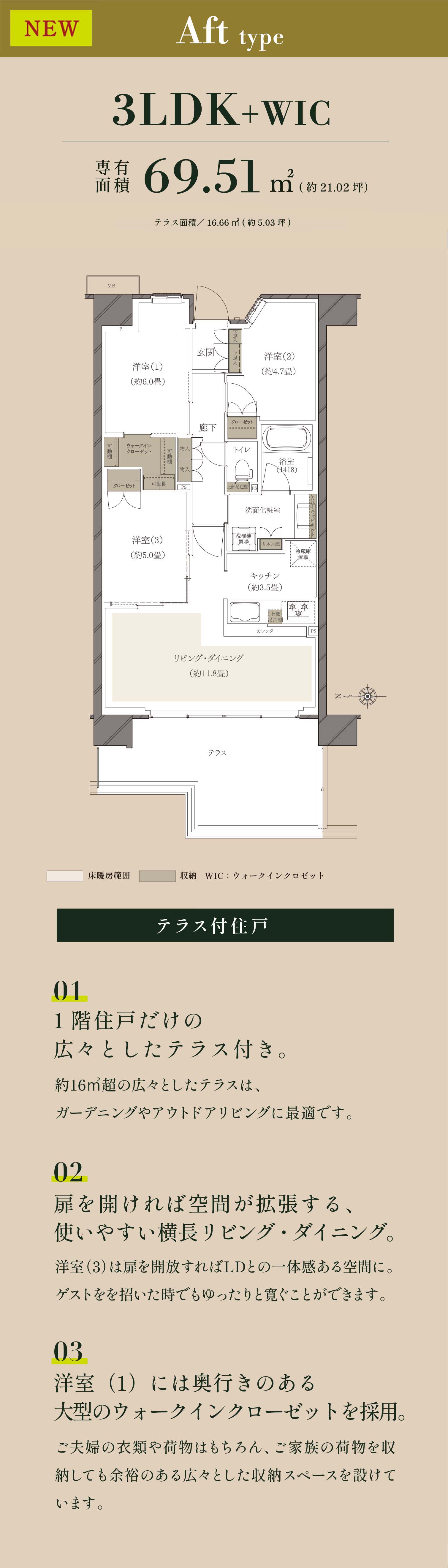 1階住戸だけの広々としたテラス付き。扉を開ければ空間が拡張する、使いやすい横長リビング・ダイニング。洋室（1）には奥行きのある大型のウォークインクローゼットを採用。
