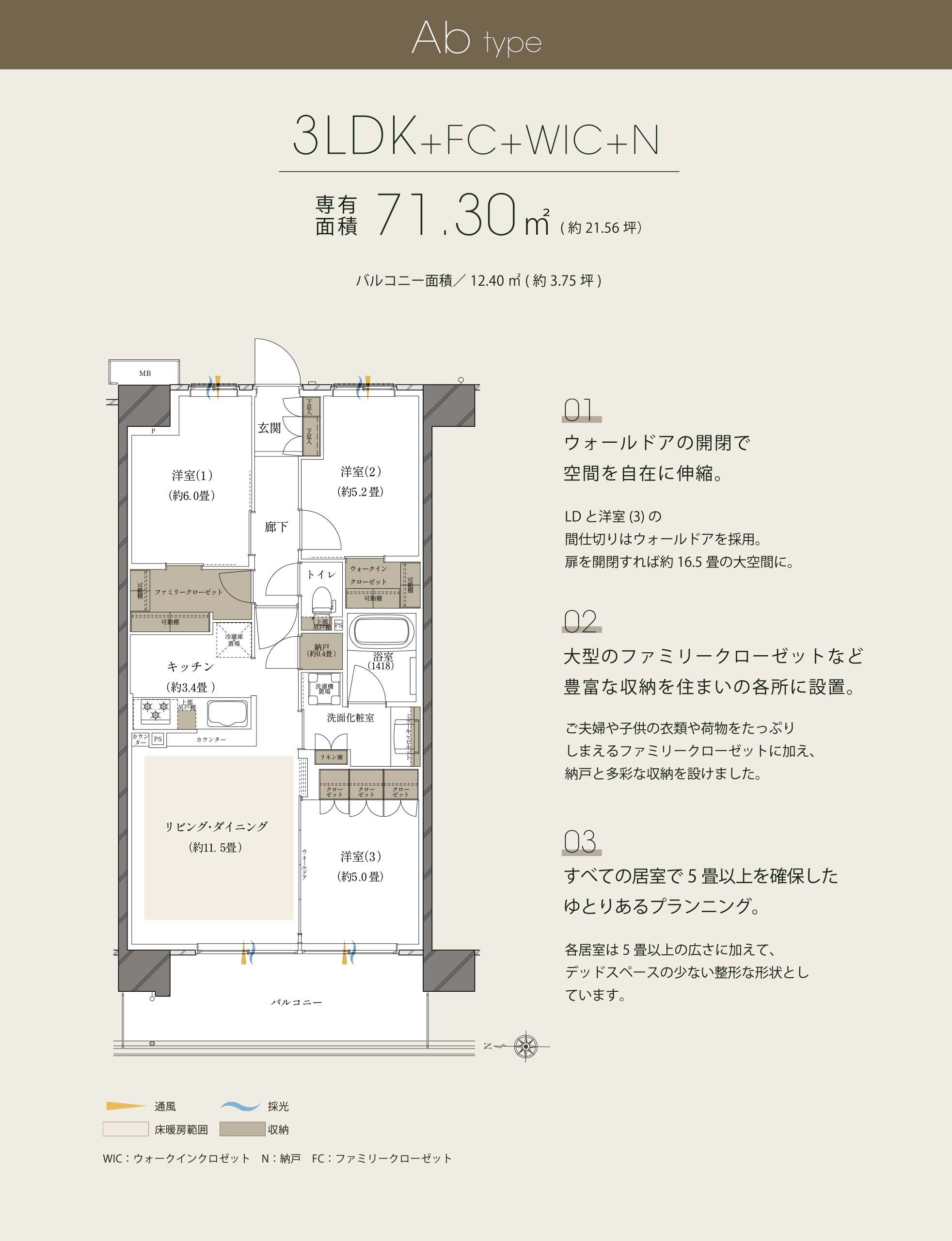 ウォールドアの開閉で空間を自在に伸縮。大型のファミリークローゼットなど豊富な収納を住まいの各所に設置。洋室（1）には引き戸を採用し空間を無駄なく活用。