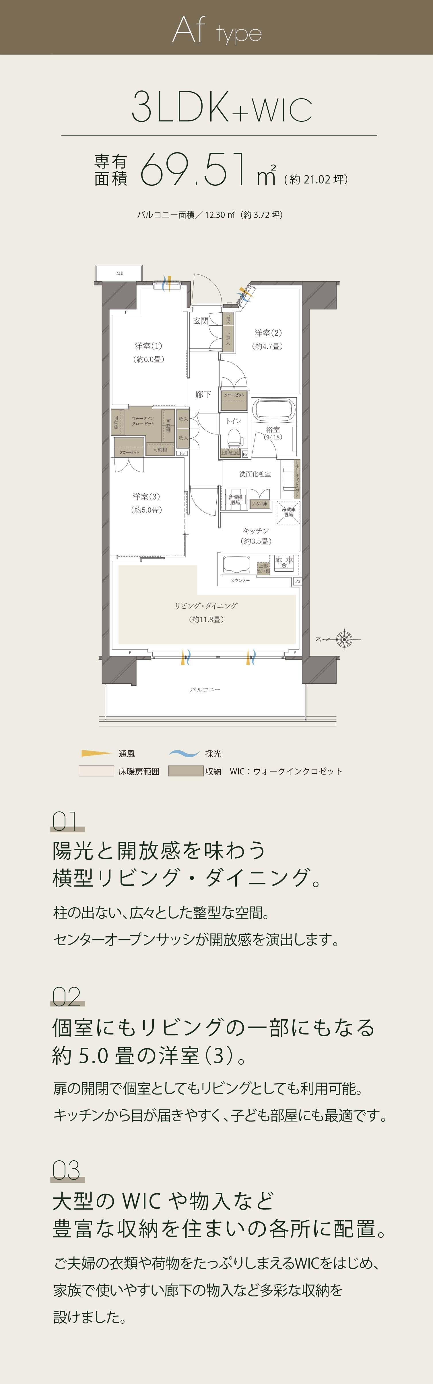 陽光と開放感を味わう横型リビング・ダイニング。個室にもリビングの一部にもなる約5.0畳の洋室（3）。大型のWICや物入など豊富な収納を住まいの各所に配置。