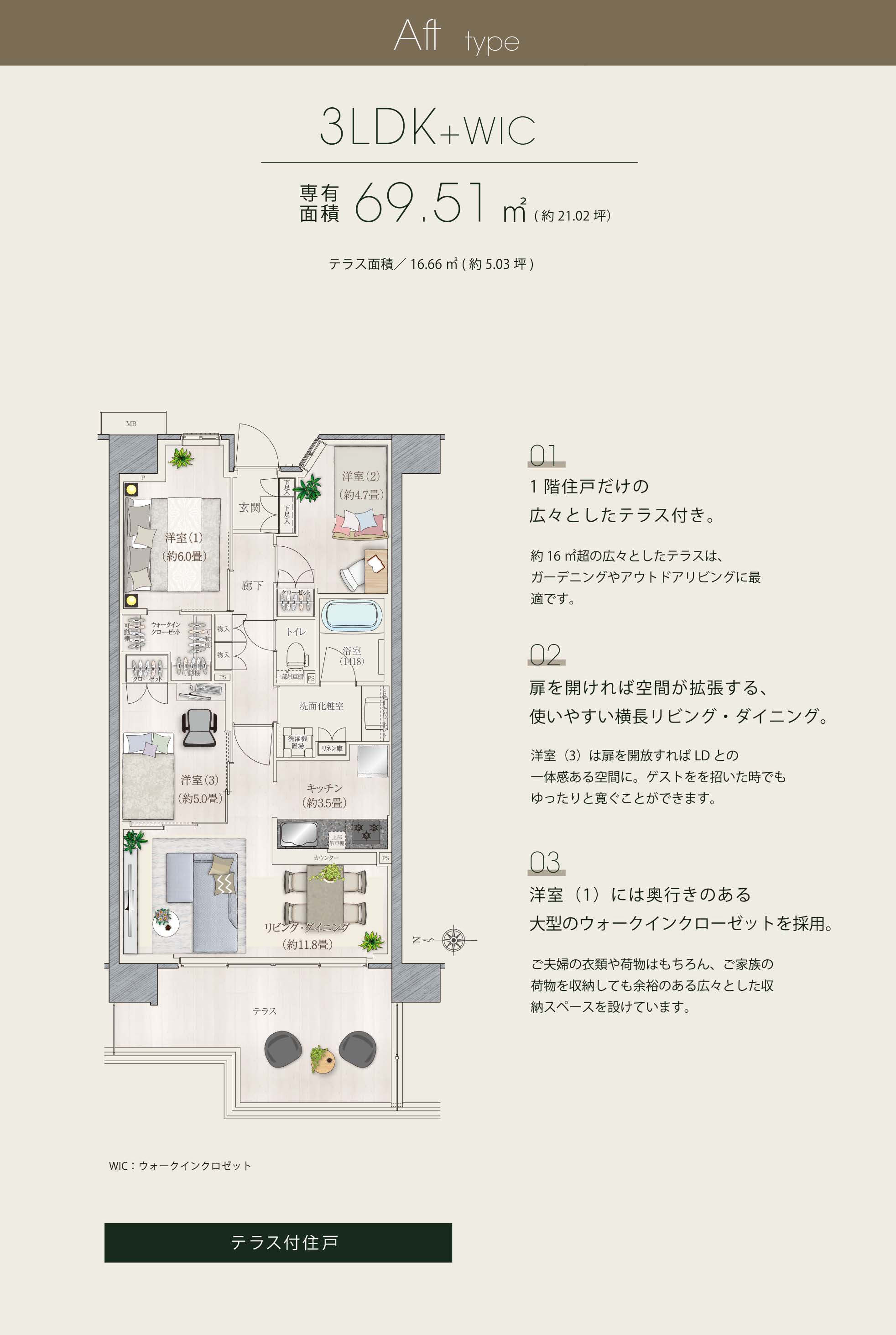 ライフスタイルにあわせて自由に使えるフレキシブルベース。ウォールドアで間取りの可変性と自由度をさらに向上。キッチンの使いやすさを拡張するEX-Kitchenを採用。