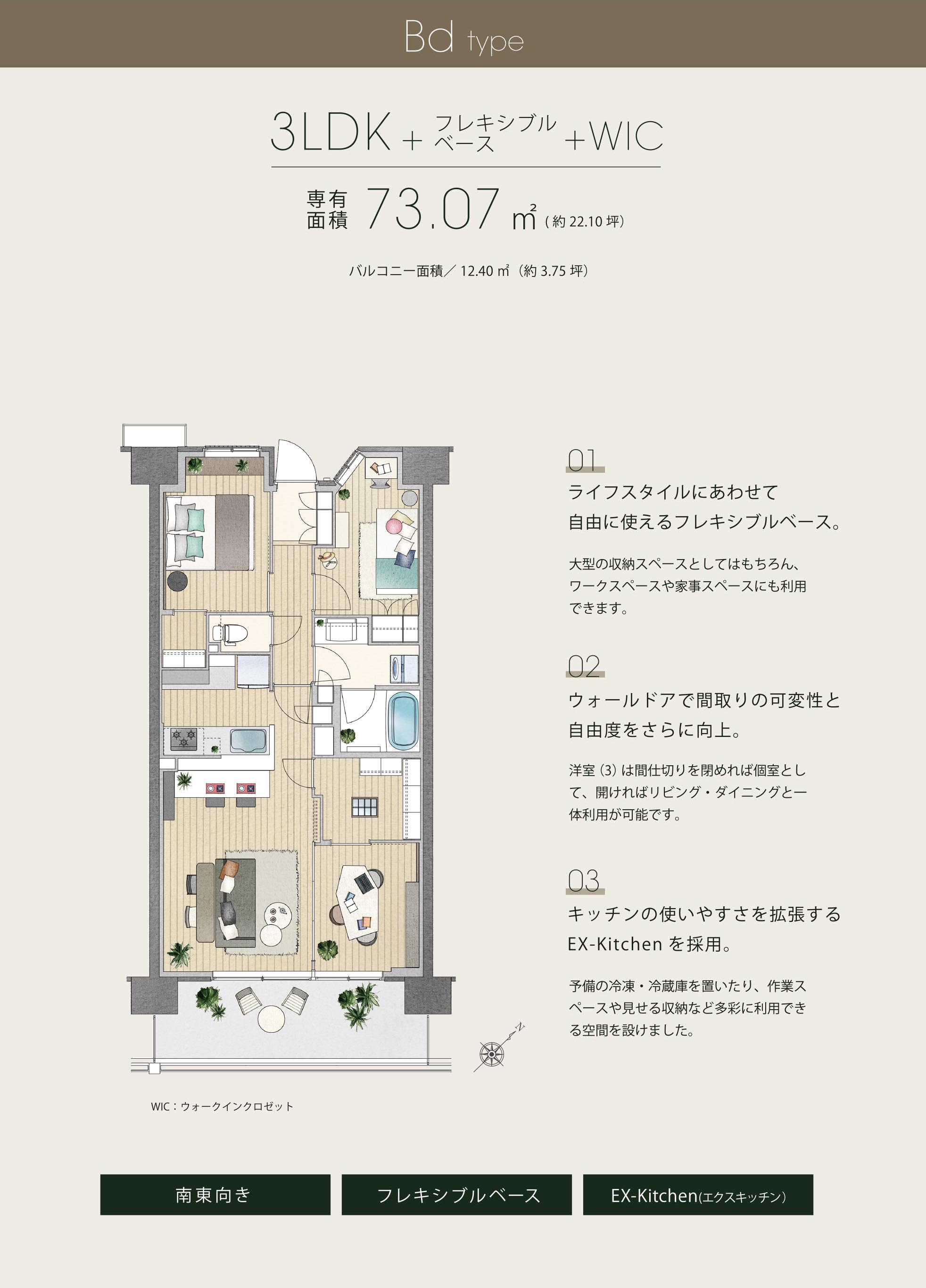 ライフスタイルにあわせて自由に使えるフレキシブルベース。ウォールドアで間取りの可変性と自由度をさらに向上。キッチンの使いやすさを拡張するEX-Kitchenを採用。