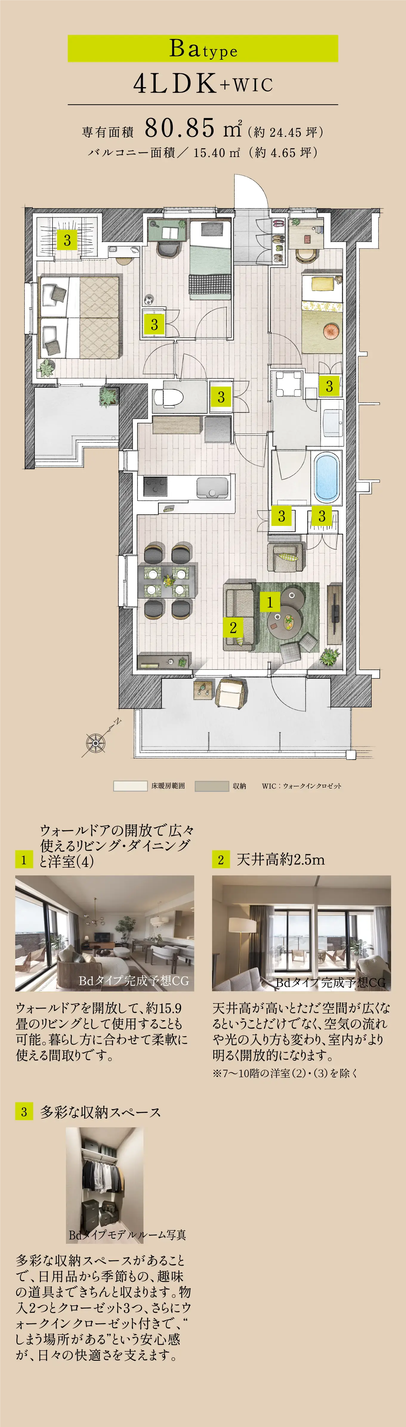 Ba type 4LDK+WIC 専有面積80.85㎡（約24.45坪） バルコニー面積／15.40㎡（約4.65坪）1:ウォールドアの開放で広々使えるリビング・ダイニングと洋室（4） ウォールドアを開放して、約15.9畳のリビングとして使用することも可能。暮らし方に合わせて柔軟に使える間取りです。2:天井高約2.5m 天井高が高いとただ空間が広くなるということだけでなく、空気の流れや光の入り方も変わり、室内がより明るく開放的になります。3:多彩な収納スペース 多彩な収納スペースがあることで、日用品から季節もの、趣味の道具まできちんと収まります。物入2つとクローゼット3つ、さらにウォークインクローゼット付きで、“しまう場所がある”という安心感が、日々の快適さを支えます。